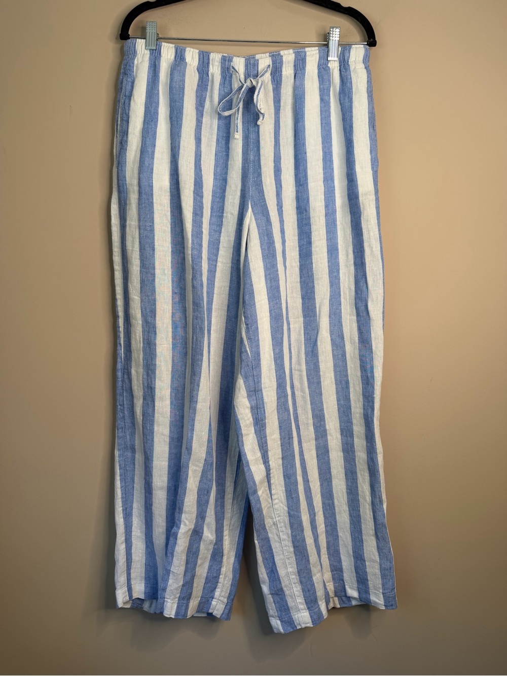 C&C California 100% Linen Wide Leg Pants Blue White Striped Nautical Size L N23